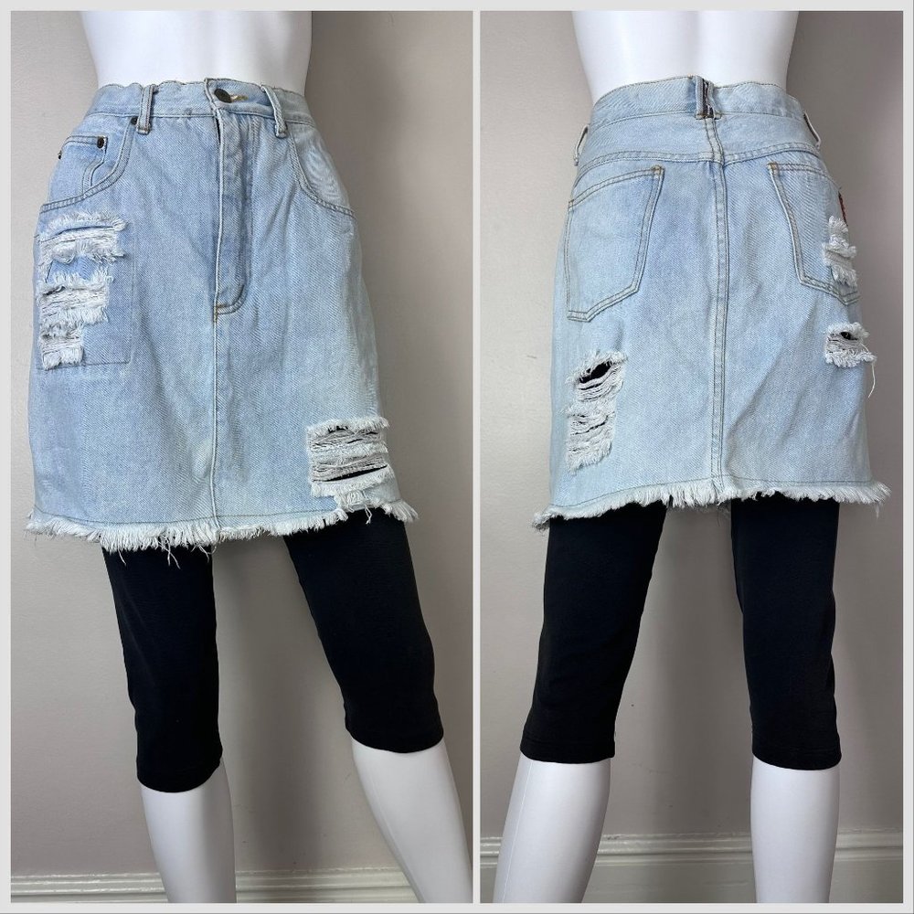 Vintage 1980s/90s Denim Skirt with Attached Black Leggings, No! Jeans Size S/M